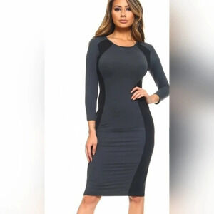 Yelete Black Gray Colorblock Contrast Midi Dress Jersey Stretch Long Sleeve sz S